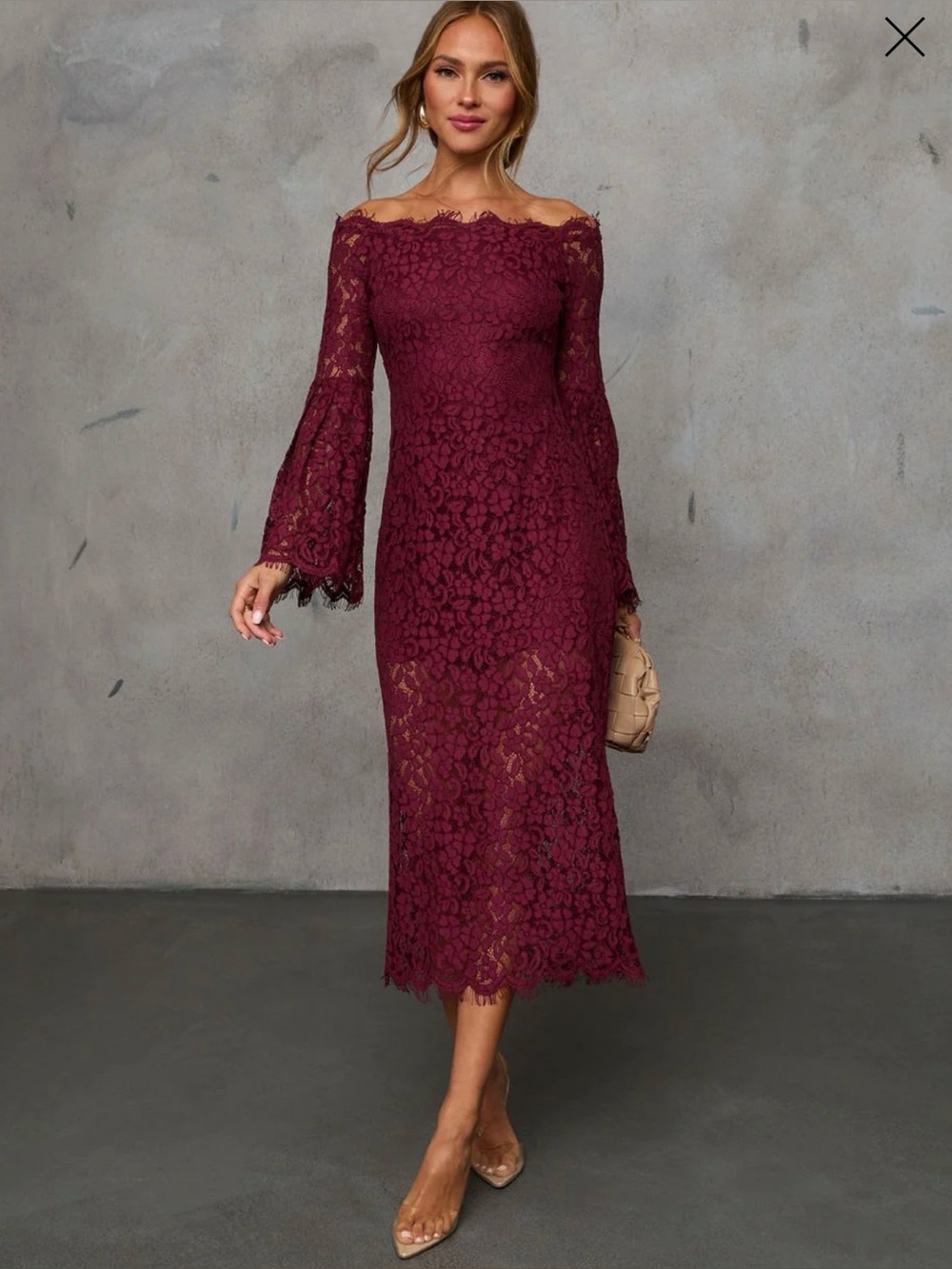 NWOT Vici Wine Lace Fringe Neck Midi Dress